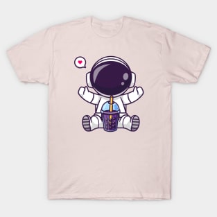 Cute Astronaut Drinking Boba Milk Tea Space Cartoon T-Shirt
